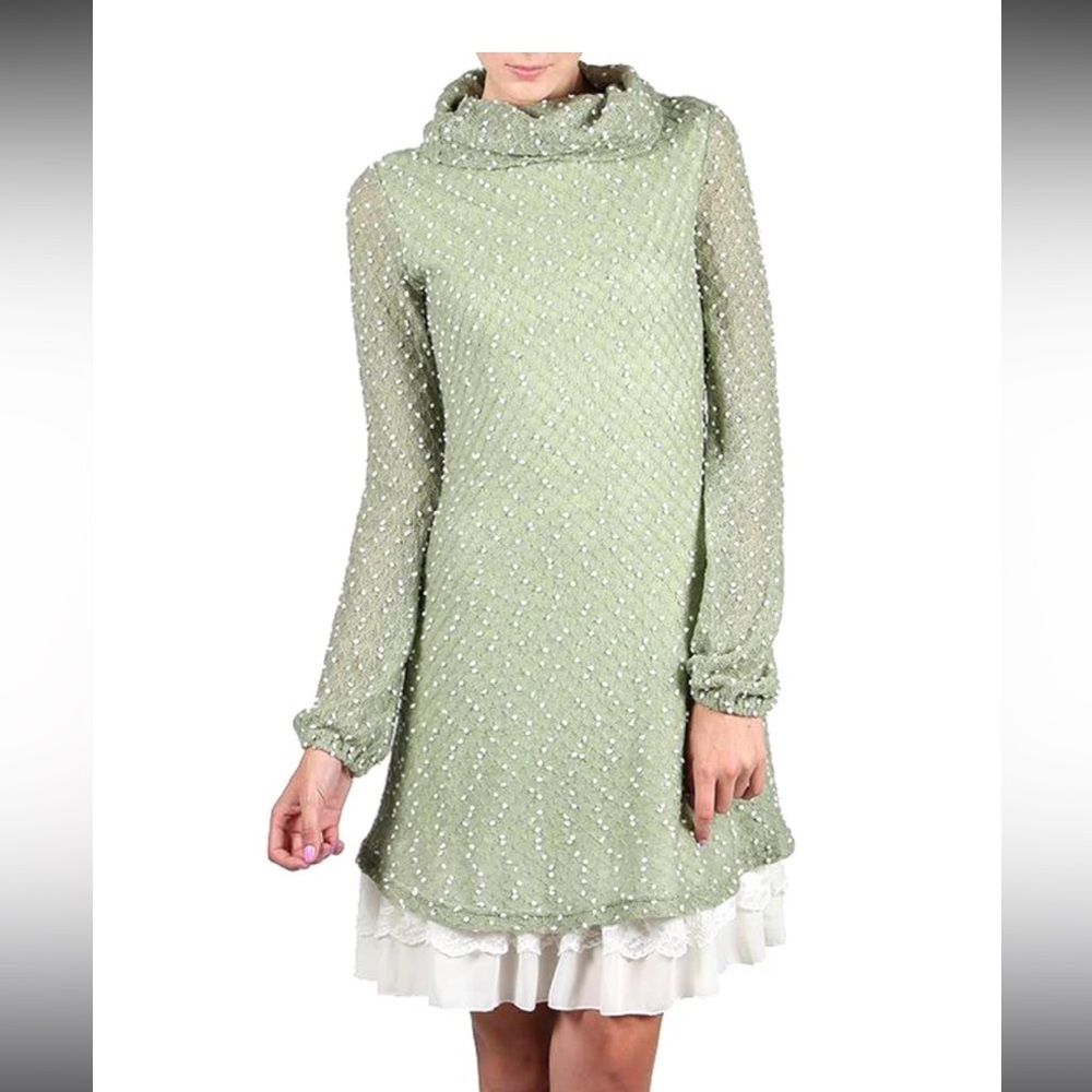 AREVE POLKA DOTTED LONG SLEEVE COWL NECK DRESS small